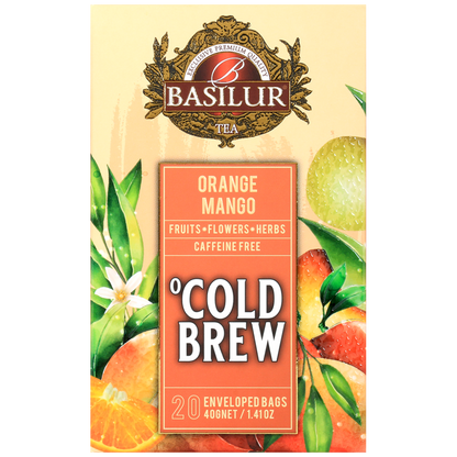 Przód opakowania Basilur Cold Brew Orange Mango, herbata owocowa bez kofeiny z pomarańczą i mango.