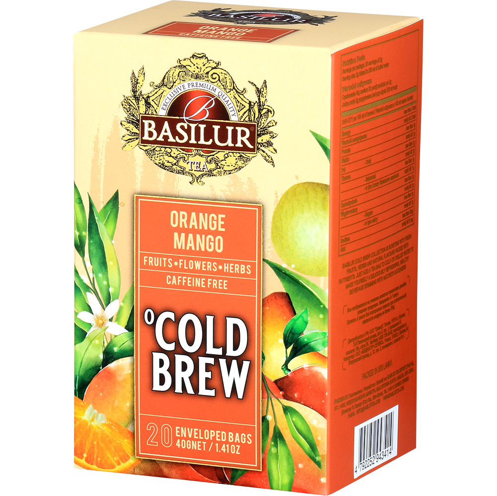 Bok pudełka Basilur Orange Mango Cold Brew, tropikalna mieszanka owocowa bez kofeiny.