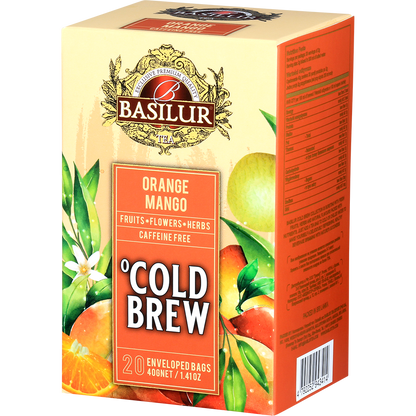 Bok pudełka Basilur Orange Mango Cold Brew, tropikalna mieszanka owocowa bez kofeiny.