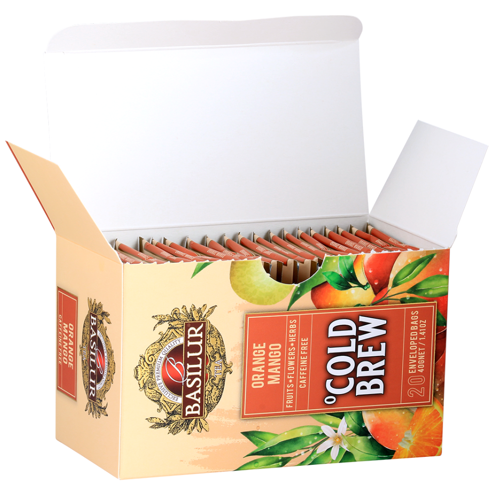 Otwarte pudełko Basilur Cold Brew Orange Mango z kopertami, napar na zimno z owoców i ziół.