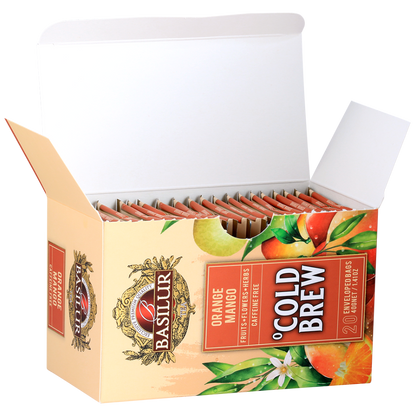Otwarte pudełko Basilur Cold Brew Orange Mango z kopertami, napar na zimno z owoców i ziół.