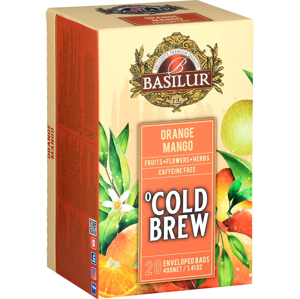 Pudełko Basilur Cold Brew Orange Mango w perspektywie, orzeźwiająca herbata o smaku mango i pomarańczy.