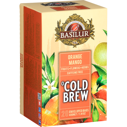 Pudełko Basilur Cold Brew Orange Mango w perspektywie, orzeźwiająca herbata o smaku mango i pomarańczy.