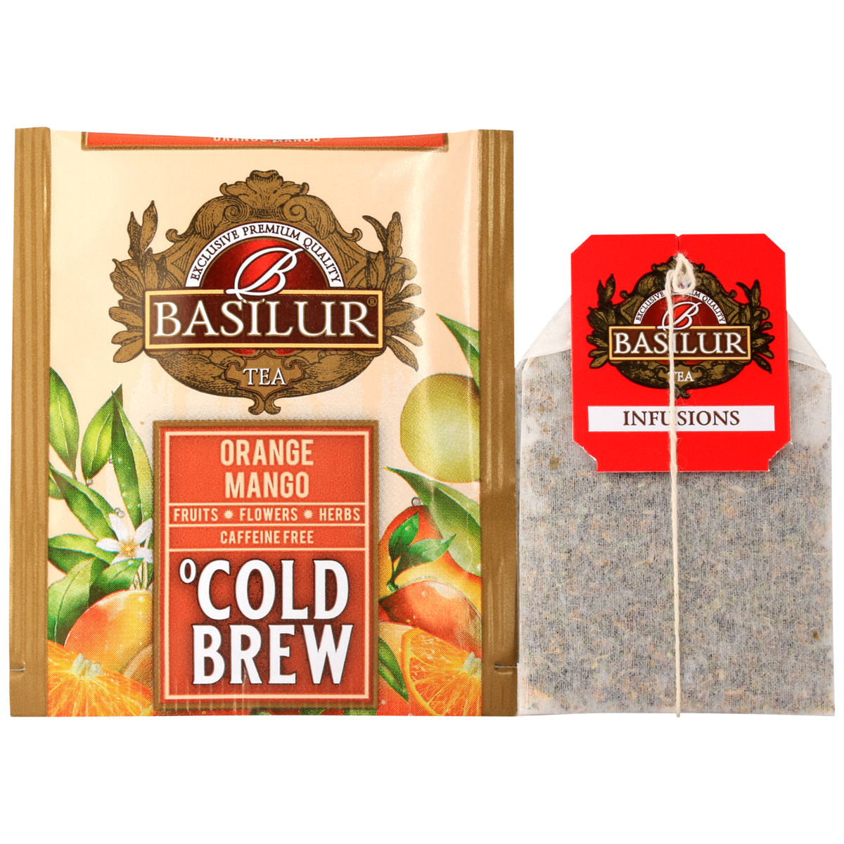 Koperta z torebką herbaty basilur orange mango.