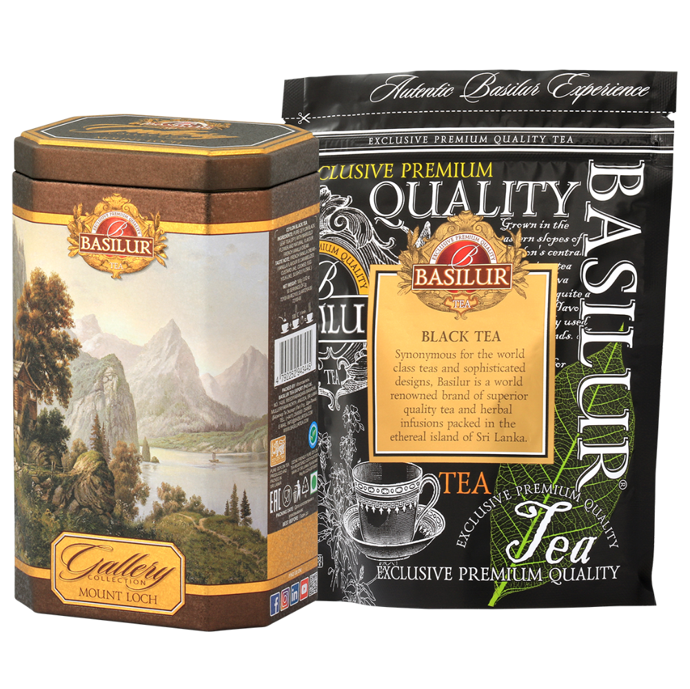 Basilur Mount Loch czarna herbata lisciasta 100 g w puszce oraz opakowanie foliowe
