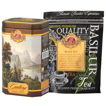 Basilur Mount Loch czarna herbata lisciasta 100 g w puszce oraz opakowanie foliowe