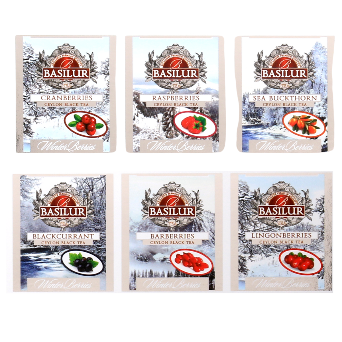 Saszetki herbat Basilur Winter Berries o smakach owoców leśnych – żurawina, malina, rokitnik, czarna porzeczka, berberys i borówka brusznica.