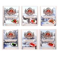 Saszetki herbat Basilur Winter Berries o smakach owoców leśnych – żurawina, malina, rokitnik, czarna porzeczka, berberys i borówka brusznica.