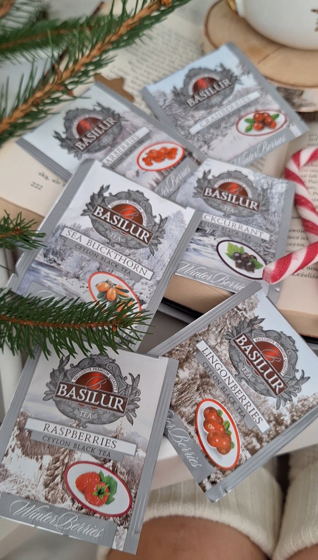 Saszetki herbat Basilur Winter Berries na otwartej książce, wśród gałązek jodły i świątecznych lasek cukrowych.