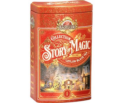 Puszka Basilur Story of Magic vol. I z motywem ośnieżonego dworu i złotymi zdobieniami.