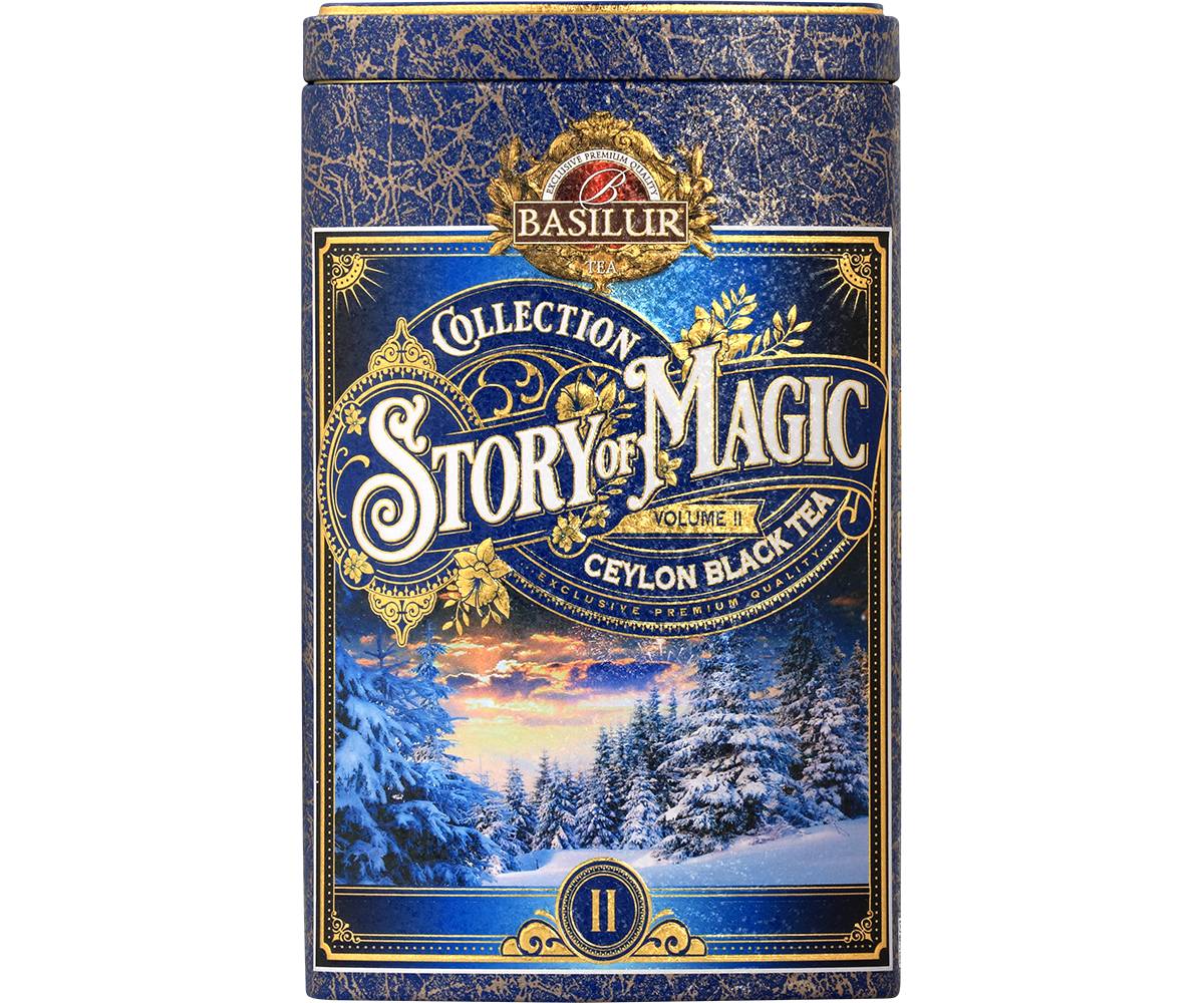 Herbata Basilur Story of Magic vol. II w eleganckiej niebiesko-złotej puszce z zimowym krajobrazem.