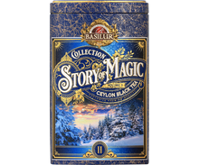 Herbata Basilur Story of Magic vol. II w eleganckiej niebiesko-złotej puszce z zimowym krajobrazem.