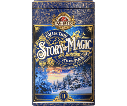Herbata Basilur Story of Magic vol. II w eleganckiej niebiesko-złotej puszce z zimowym krajobrazem.