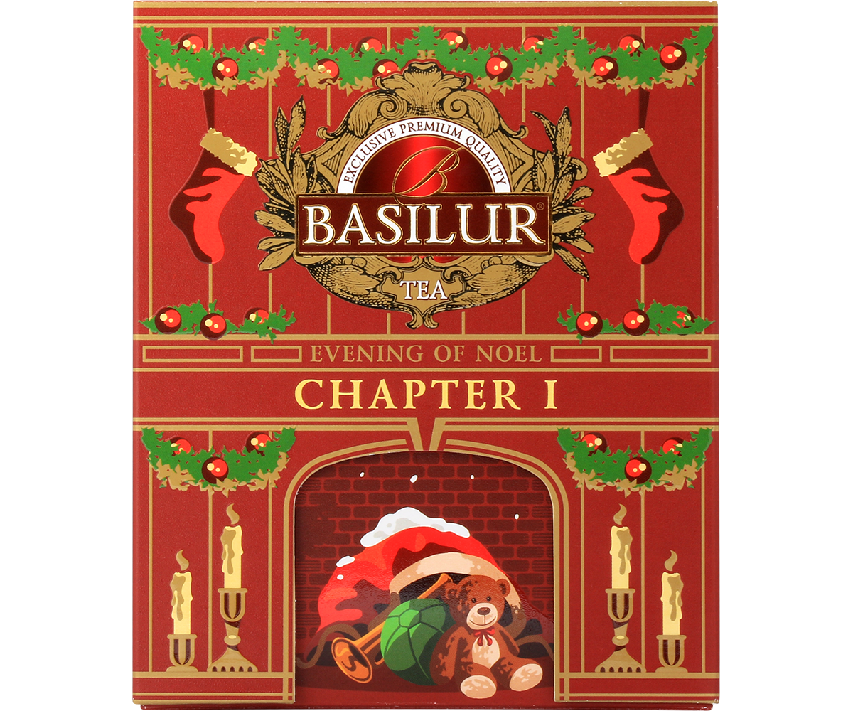 Opakowanie herbaty Basilur Chapter I Evening of Noel w czerwonej świątecznej puszce z motywem kominka.