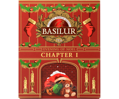 Opakowanie herbaty Basilur Chapter I Evening of Noel w czerwonej świątecznej puszce z motywem kominka.