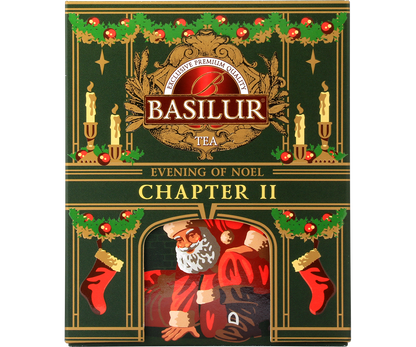 Opakowanie herbaty Basilur Chapter II Evening of Noel w zielonej świątecznej puszce z wizerunkiem Mikołaja.