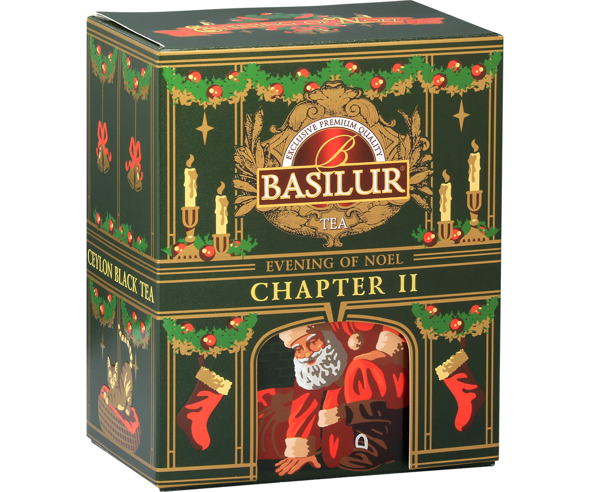 Zbliżenie na opakowanie Basilur Chapter II z logo i zielono-złotym świątecznym wzorem, herbata czarna 75 g.