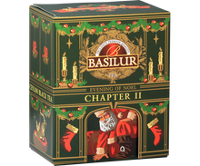 Zbliżenie na opakowanie Basilur Chapter II z logo i zielono-złotym świątecznym wzorem, herbata czarna 75 g.