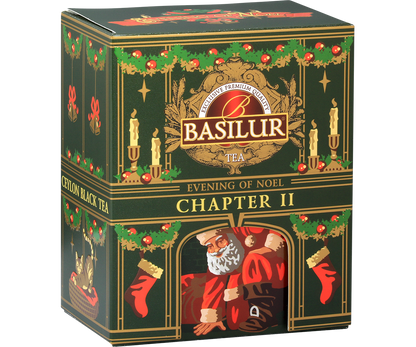 Zbliżenie na opakowanie Basilur Chapter II z logo i zielono-złotym świątecznym wzorem, herbata czarna 75 g.
