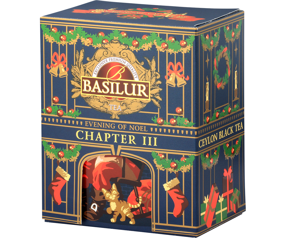 Herbata Basilur Chapter III – elegancka świąteczna puszka z czerwonymi skarpetami i prezentami.