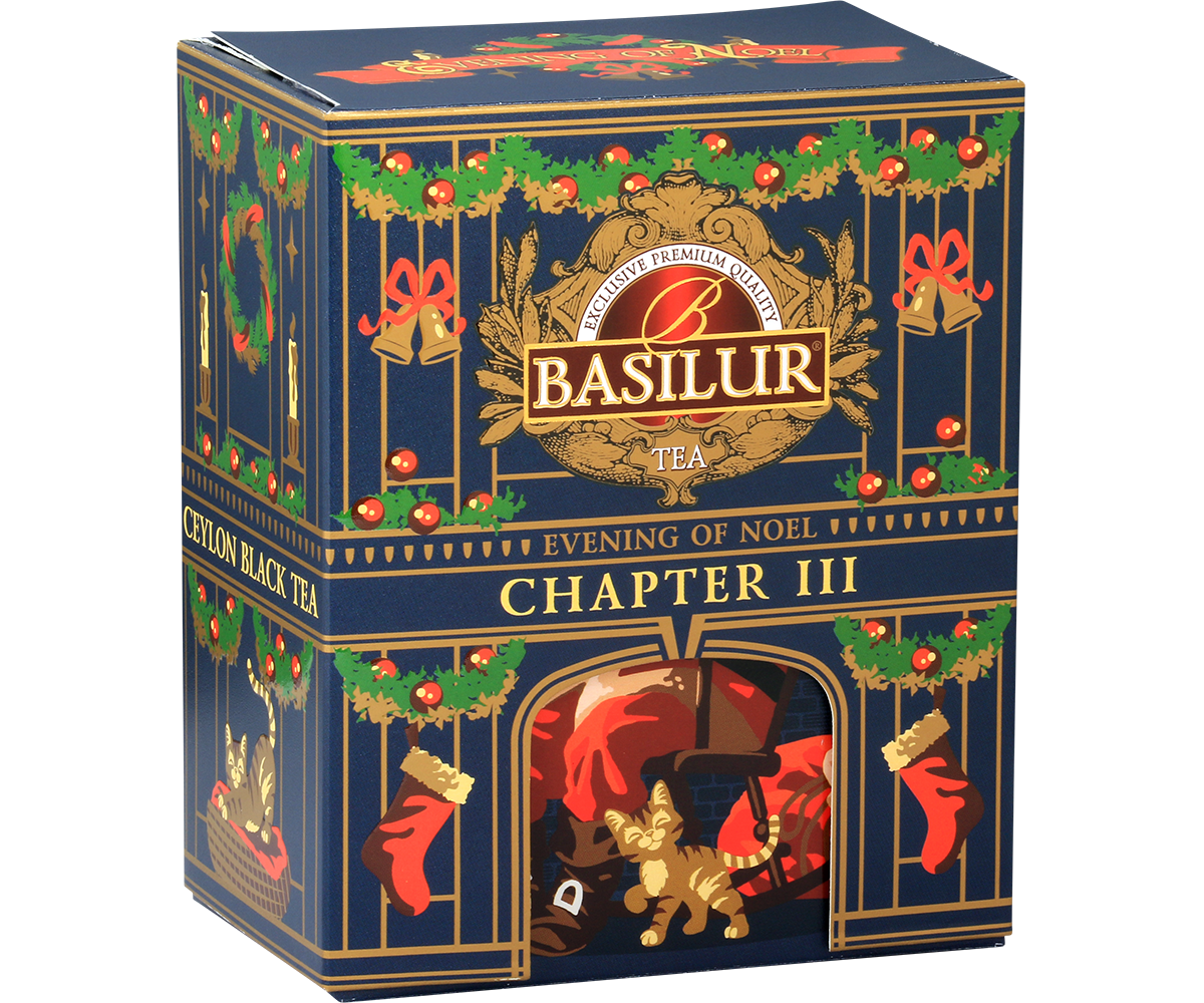 Herbata Basilur Chapter III – opakowanie z motywem świątecznego kominka i złotych detali.