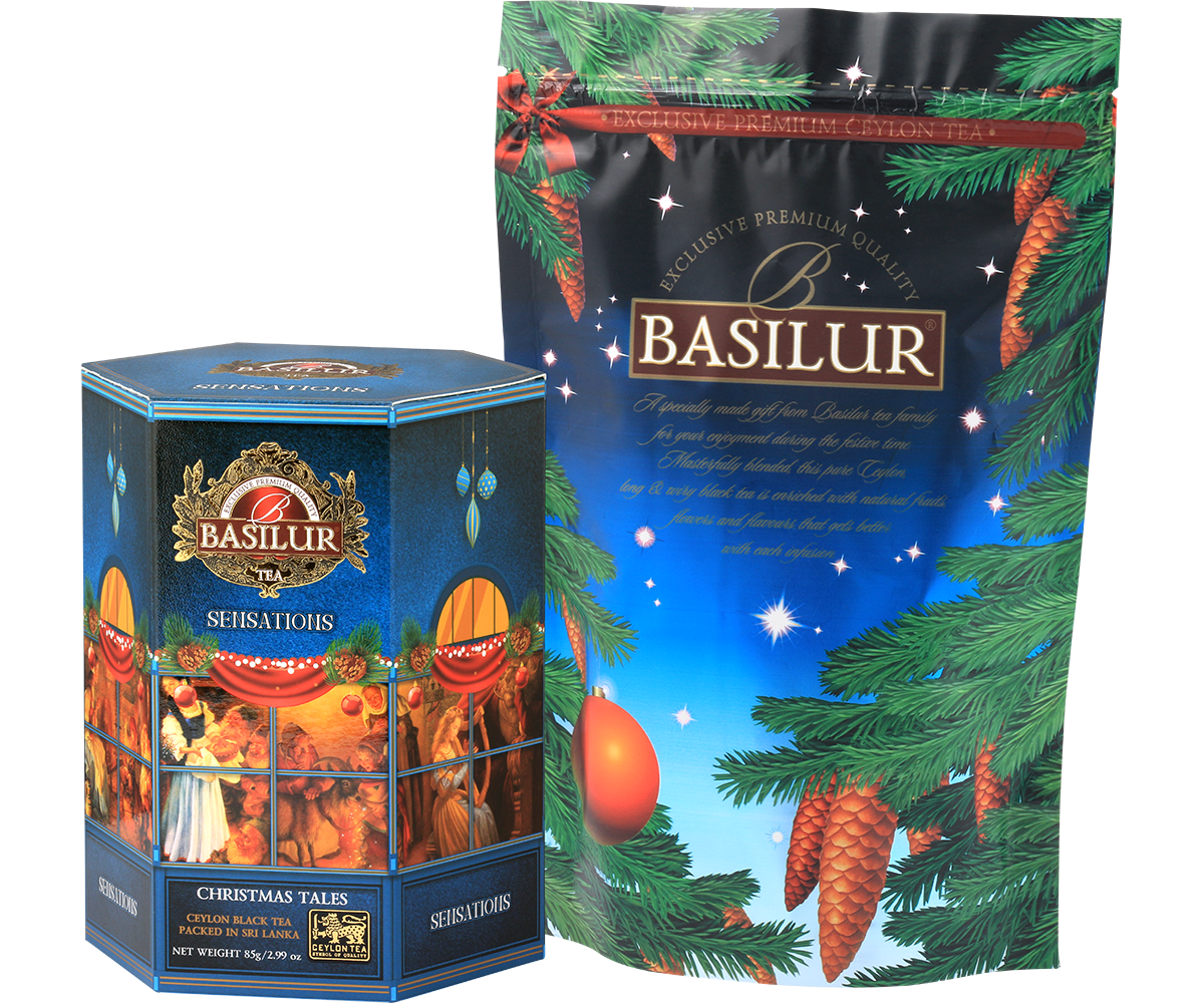 Zestaw Basilur Christmas Tales w ozdobnym opakowaniu z torebką foliową z motywem choinki.