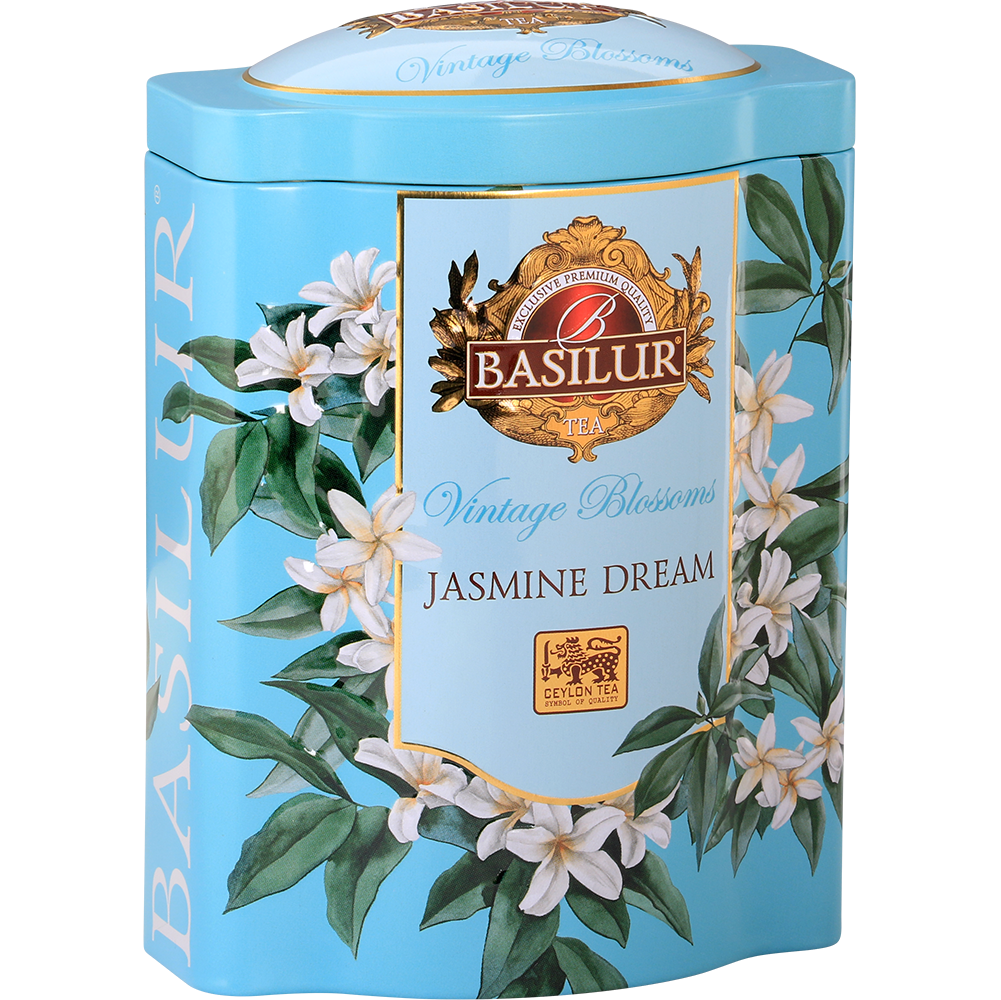 Elegancka puszka herbaty Basilur Jasmine Dream z motywem białych kwiatów jaśminu.