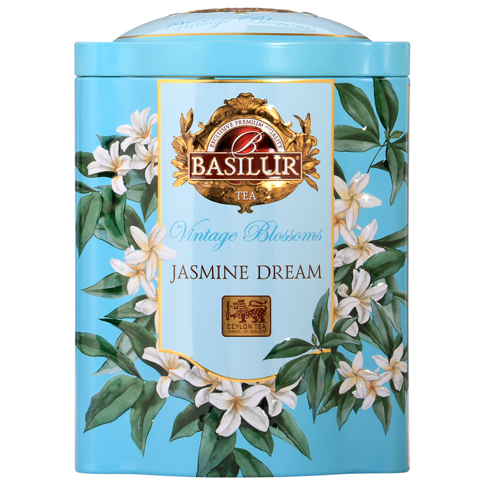 Przód puszki Basilur Jasmine Dream czarna herbata cejlońska z jaśminem.