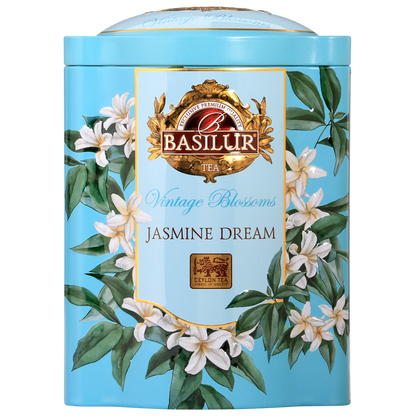 Przód puszki Basilur Jasmine Dream czarna herbata cejlońska z jaśminem.