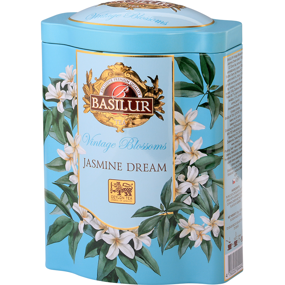Bok ozdobnej puszki Basilur Jasmine Dream z informacjami o składzie i logo marki Basilur.