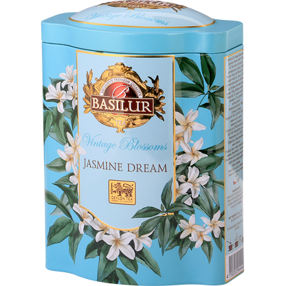 Bok ozdobnej puszki Basilur Jasmine Dream z informacjami o składzie i logo marki Basilur.