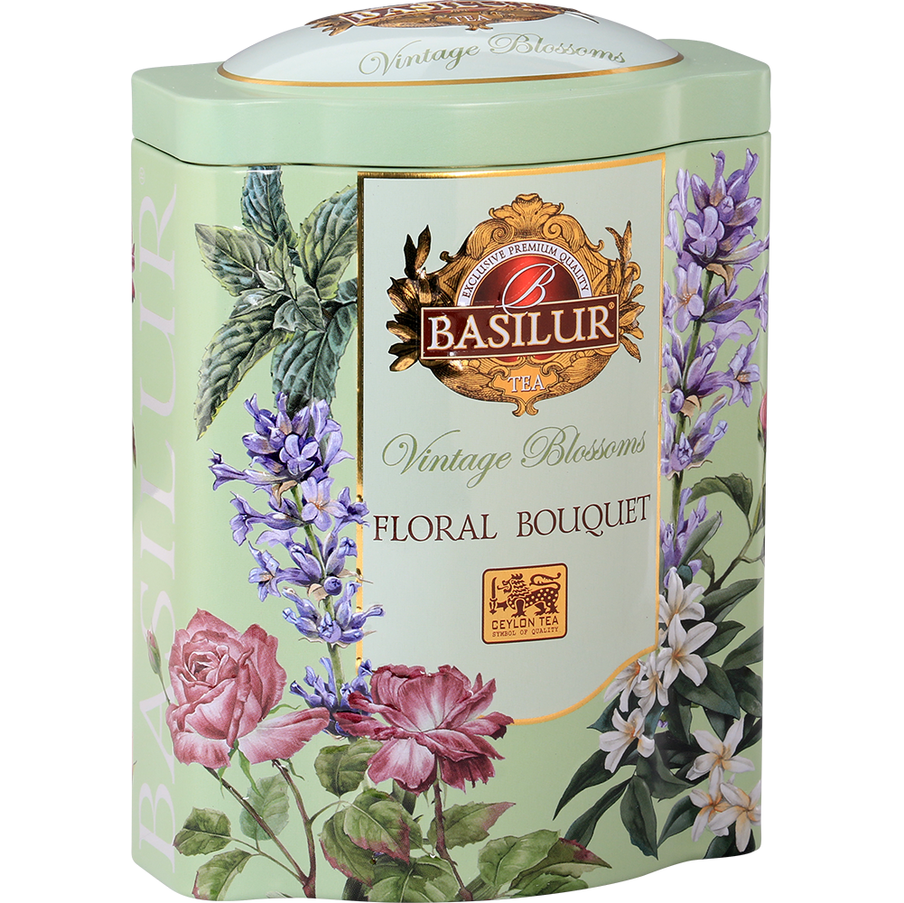 Puszka herbaty Basilur Floral Bouquet zielona herbata cejlońska z kwiatami.