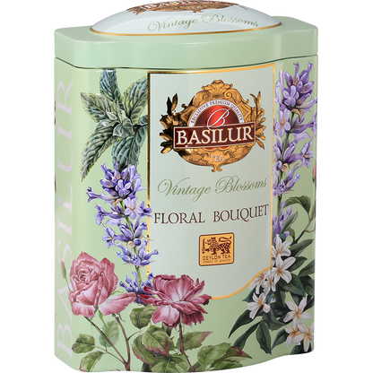 Puszka herbaty Basilur Floral Bouquet zielona herbata cejlońska z kwiatami.