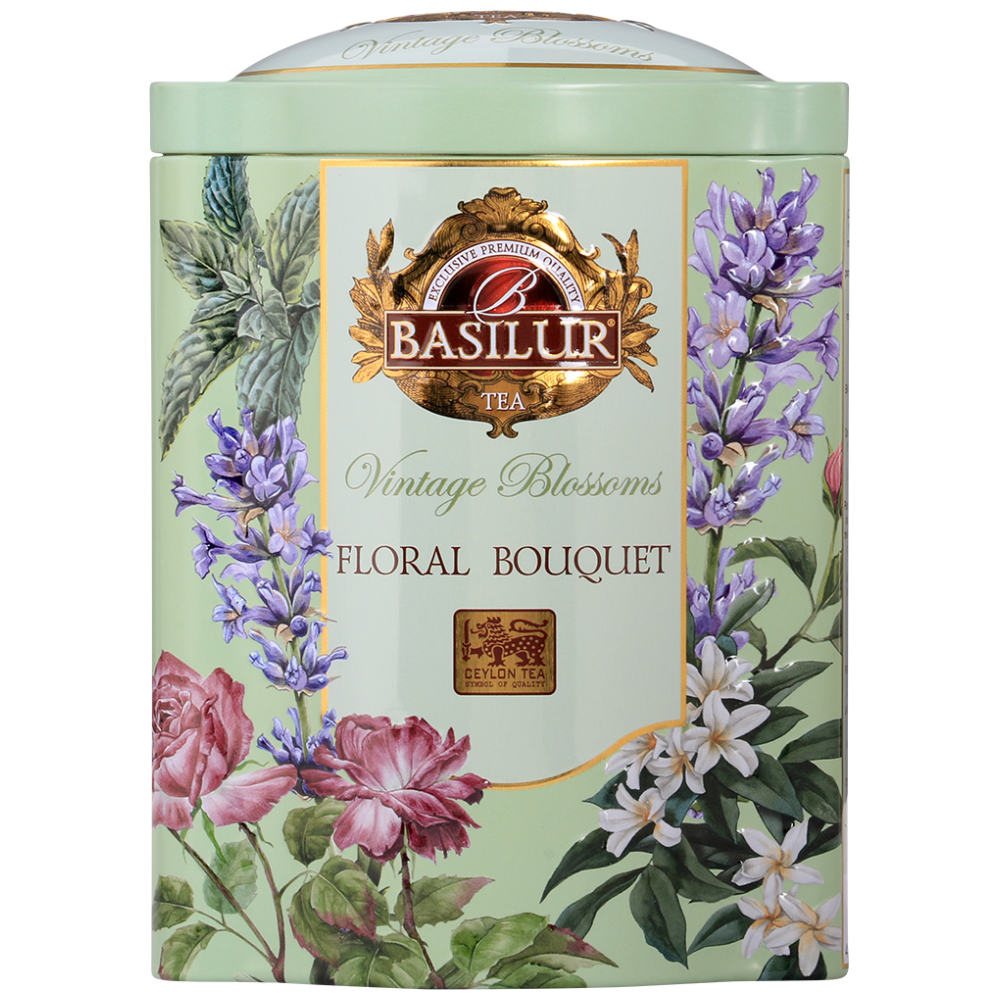 Przód ozdobnej puszki Basilur Floral Bouquet z motywem róż i jaśminu.