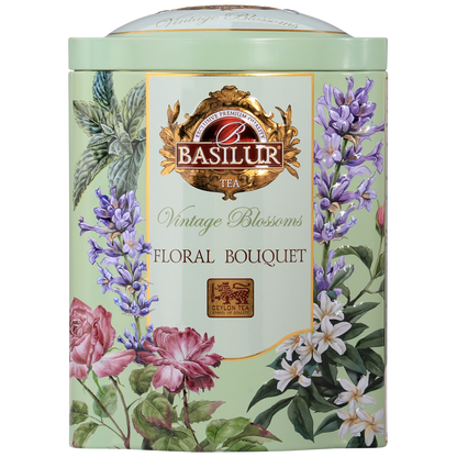 Przód ozdobnej puszki Basilur Floral Bouquet z motywem róż i jaśminu.