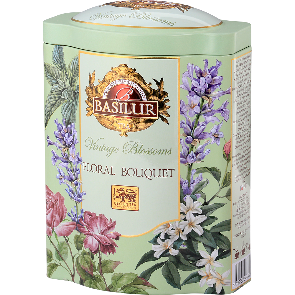Bok puszki Basilur Floral Bouquet z informacjami o składzie i logo Basilur Tea.