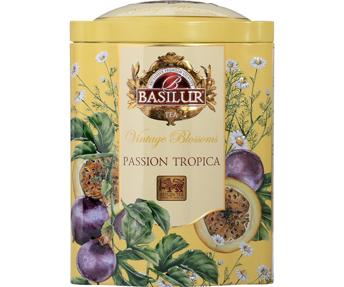 Przód ozdobnej puszki Basilur Passion Tropica zielona herbata cejlońska.