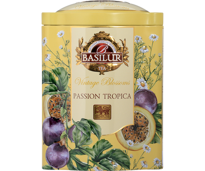 Przód ozdobnej puszki Basilur Passion Tropica zielona herbata cejlońska.