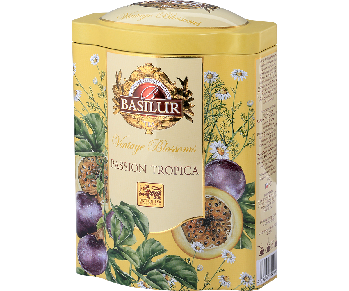 Bok puszki Basilur Passion Tropica z informacjami o składzie i logo Basilur.