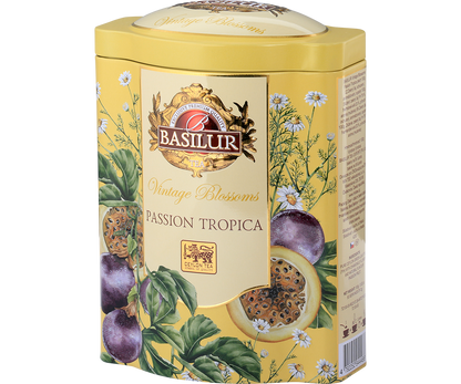Bok puszki Basilur Passion Tropica z informacjami o składzie i logo Basilur.