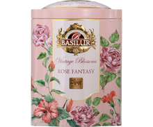 Puszka herbaty Basilur Rose Fantasy z motywem róż w pastelowych barwach.