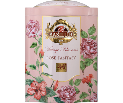 Puszka herbaty Basilur Rose Fantasy z motywem róż w pastelowych barwach.