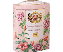 Bok puszki Basilur Rose Fantasy z informacjami o składzie i logo Basilur Tea.
