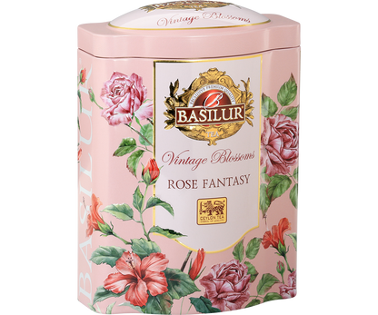 Bok puszki Basilur Rose Fantasy z informacjami o składzie i logo Basilur Tea.