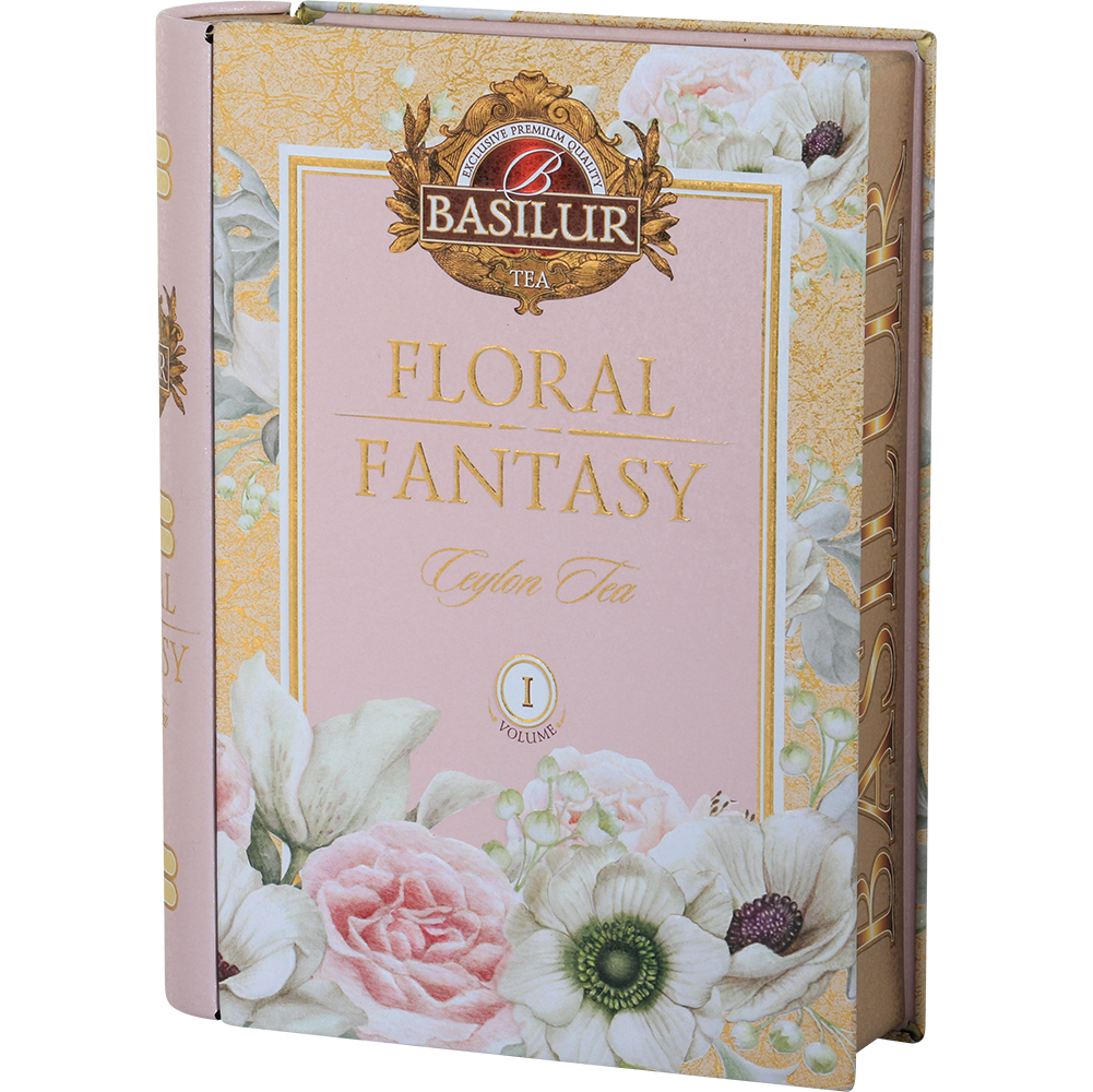 Bok puszki Basilur Floral Fantasy Book vol. I z ozdobnym wzorem i napisem.