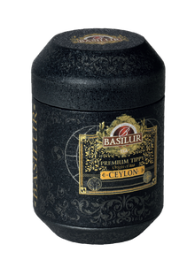 Ekskluzywna czarna herbata Basilur Premium Flowery w ozdobnej czarno-złotej puszce – cejlońska herbata liściasta 50 g.