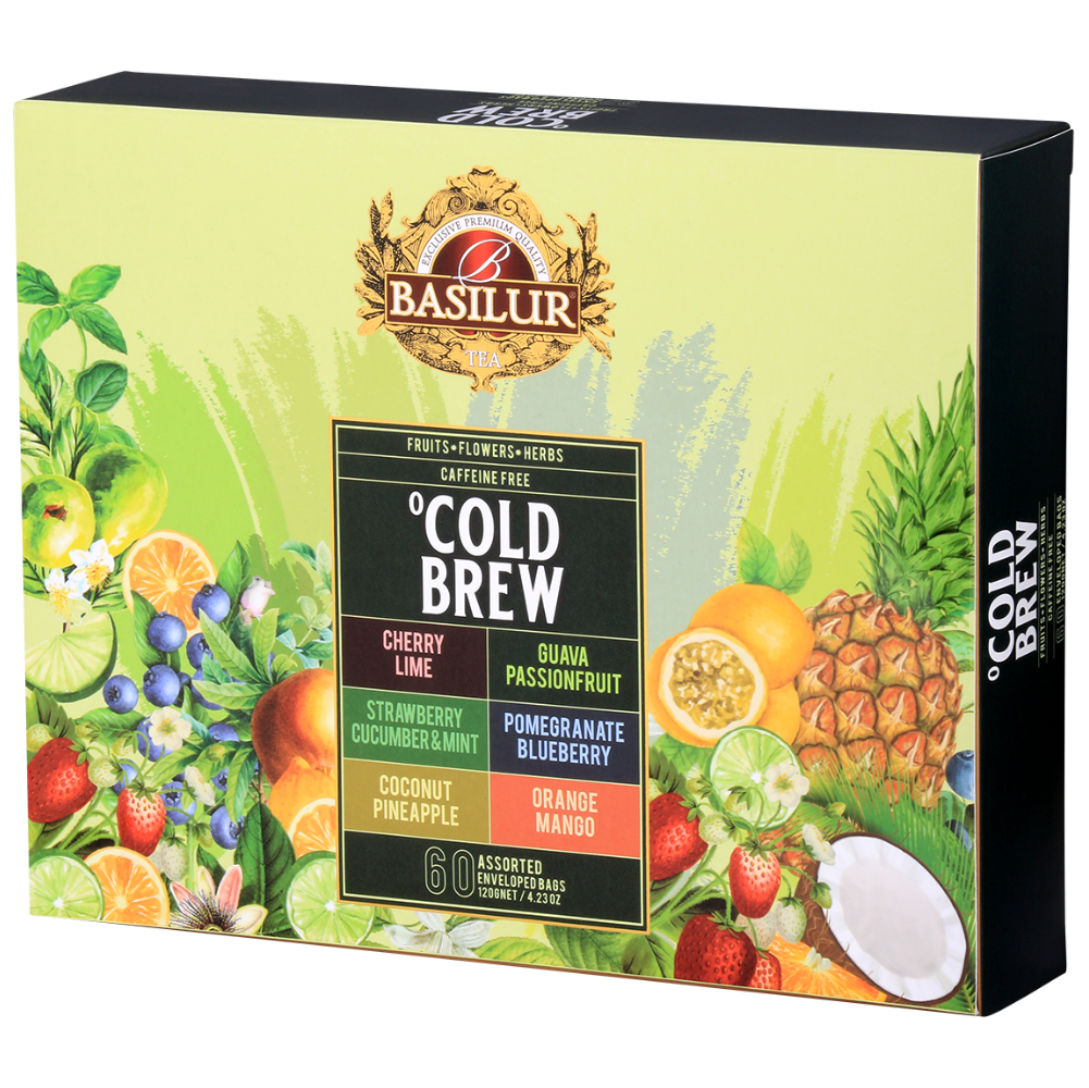 Boczne ujęcie pudełka Basilur Cold Brew z tropikalnym wzorem i logo marki.