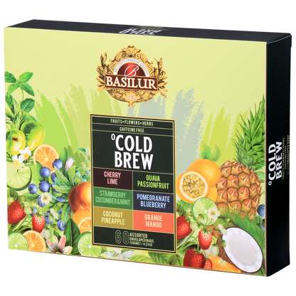 Boczne ujęcie pudełka Basilur Cold Brew z tropikalnym wzorem i logo marki.