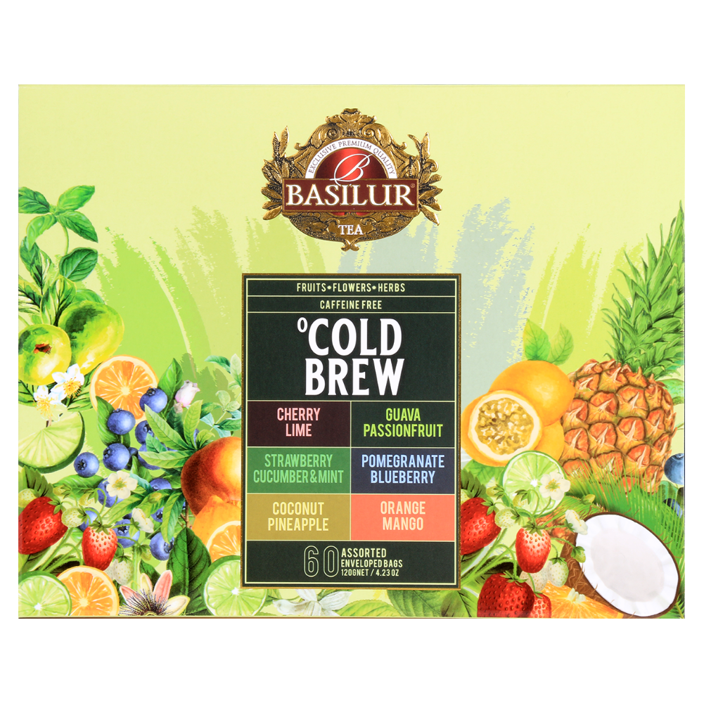 Front opakowania Basilur Cold Brew z sześcioma kompozycjami herbat do parzenia na zimno.