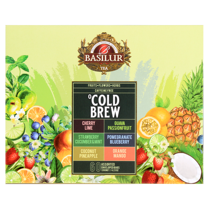 Front opakowania Basilur Cold Brew z sześcioma kompozycjami herbat do parzenia na zimno.